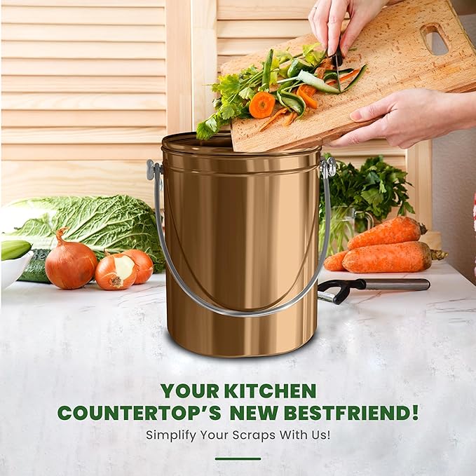 Utopia Kitchen Compost Bin for Kitchen Countertop, 1.3 Gallon Compost Bucket for Kitchen with Lid, Includes 1 Spare Charcoal Filter (Bronze)
