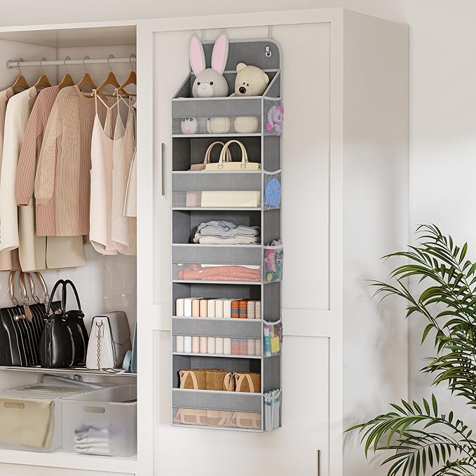 LAMU 5 Tier Over the Door Organizer Hanging, 5 Large Pockets and 10 Side Pockets Behind Door Storage for Baby Toys, 44lbs Back of Door Organizers Shelf for Closet, Nursery and Bathroom, 1 Pack (Grey)