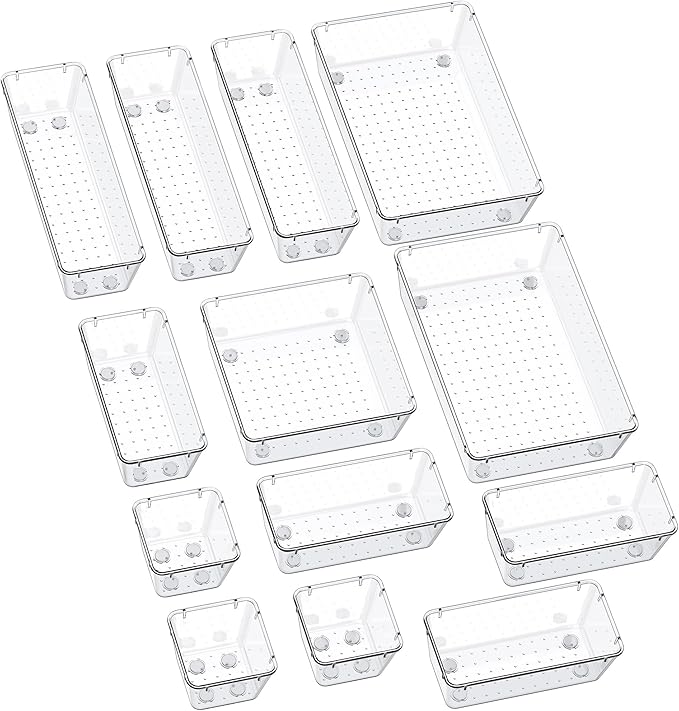 SMARTAKE 13-Piece Drawer Organizers with Non-Slip Silicone Pads, 5-Size Desk Bathroom Drawer Organizer Trays Storage Tray for Makeup, Jewelries, Utensils in Bedroom Dresser, Office and Kitchen, Clear
