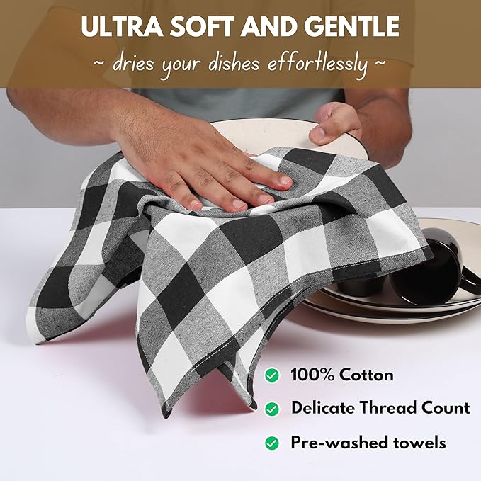 Native Fab 6-Pack Kitchen Towel with Hanging Loop 16x26 inches, Cotton Buffalo Check Kitchen Towels for Cleaning Drying, Washcloths Soft & Absorbent Cloth Rags, Bar Towel, Dish Cloth, Black