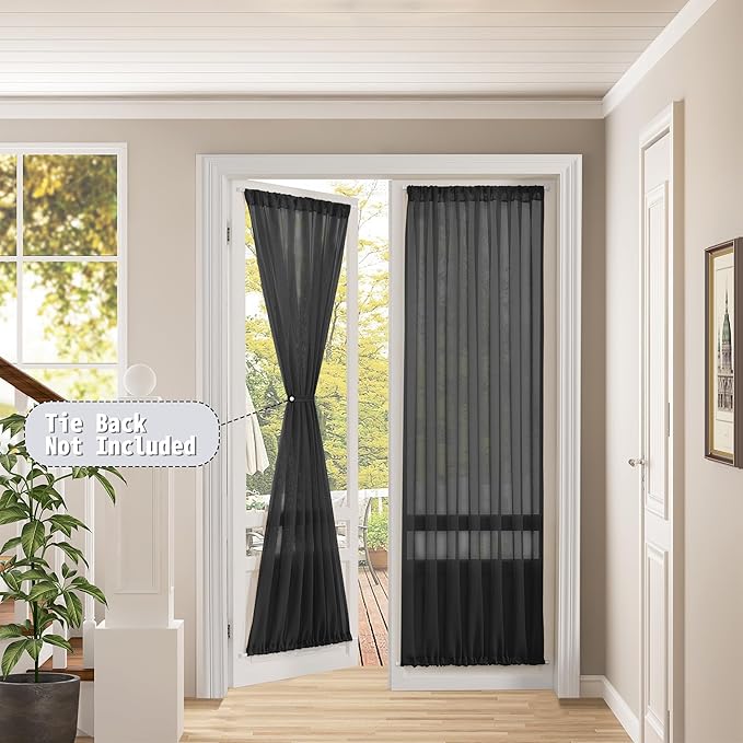 Tollpiz Sheer Curtain Closet Linen Textured Curtain Sheers Doorway Light Filtering Voile French Door Rod Pocket Curtains Patio Glass Door, 25 x 80 inches Long, Black, Set of 1 Panel