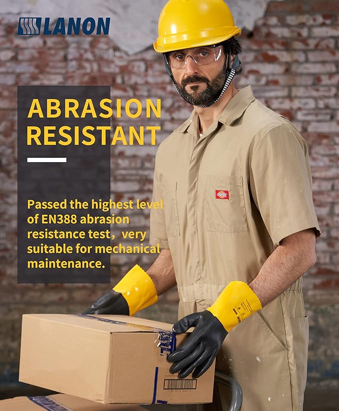 LANON PVC Chemical Gloves, Thick Rubber Work Gloves, Heavy-Duty, EN 374/388, Acid, Alkali and Oil, Non-Slip, XXL