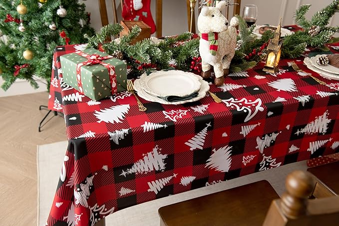 Classic Gingham Buffalo Xmas Tablecloth Fabric - Oblong 58x144 Inch Water Proof Checkered Table Cloth for Indoor Outdoor - Red Christmas Tree Table Cover for Christmas, Holiday, New Year