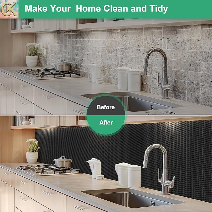 Self-Adhesive Shelf Liner Kitchen Liner, Waterproof Backed Paper Easy Peel and Stick Contact Liner Without Residue for Decor Your Desk Surface, Kitchen Countertops (Black, 11.8 x 118.1 inches)