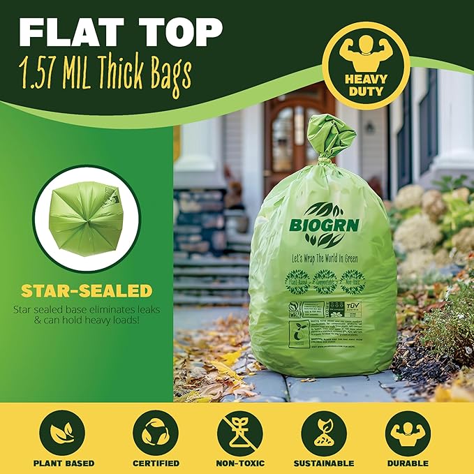 30-33 Gallon Compostable Trash Bags Flat-Top 30 Bags Heavy Duty1.57 Mil, 124.92 Liter Large Lawn and Yard Waste Bag green for Outdoor Garden ASTM D6400, US BPI and OK Compost Home Certified