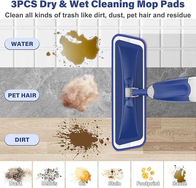 Microfiber Spray Mop for Floors Cleaning: Wet Dry Hardwood Floor Mops with 3 Washable Pads for Swiffer Powermop - Flat Mop with Sprayer for Tile Wood Laminate Vinyl Marble Floor