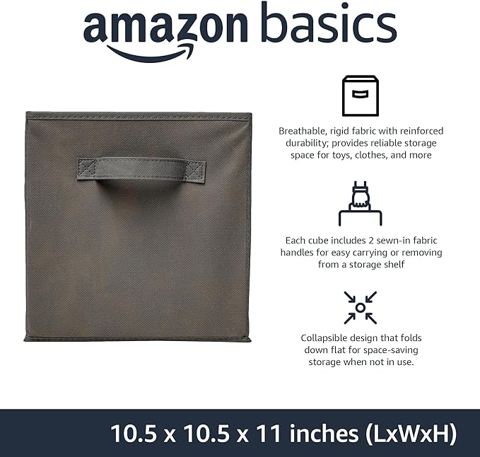 Amazon Basics Collapsible Fabric Storage Cubes Organizer with Handles, Sturdy, Gray, 10.5-x-10.5-x-11-inch, Pack of 6