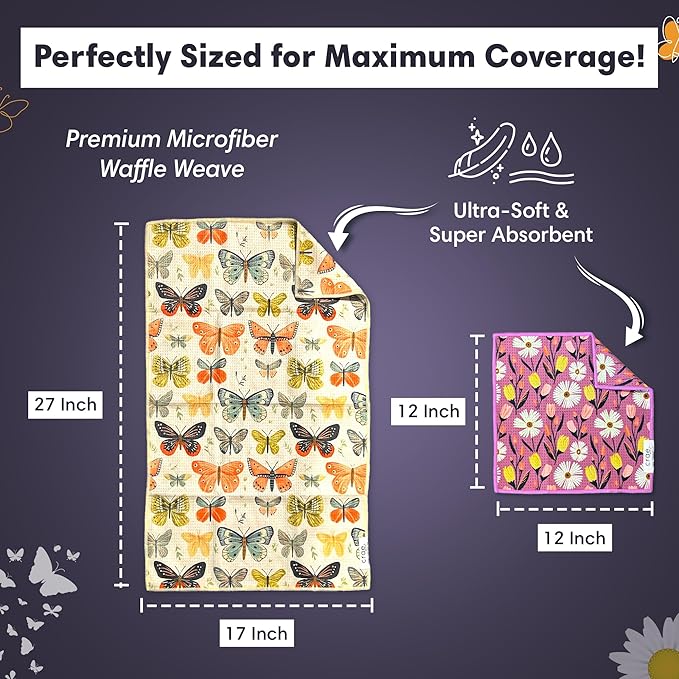 Microfiber Hand Towel & Washcloth Set of 2 - Double-Sided, Waffle Weave, Super Absorbent, Lint-Free, Fast Drying - Wings & Flower Farm Pattern for Bathroom, Kitchen, Car, and Window Cleaning
