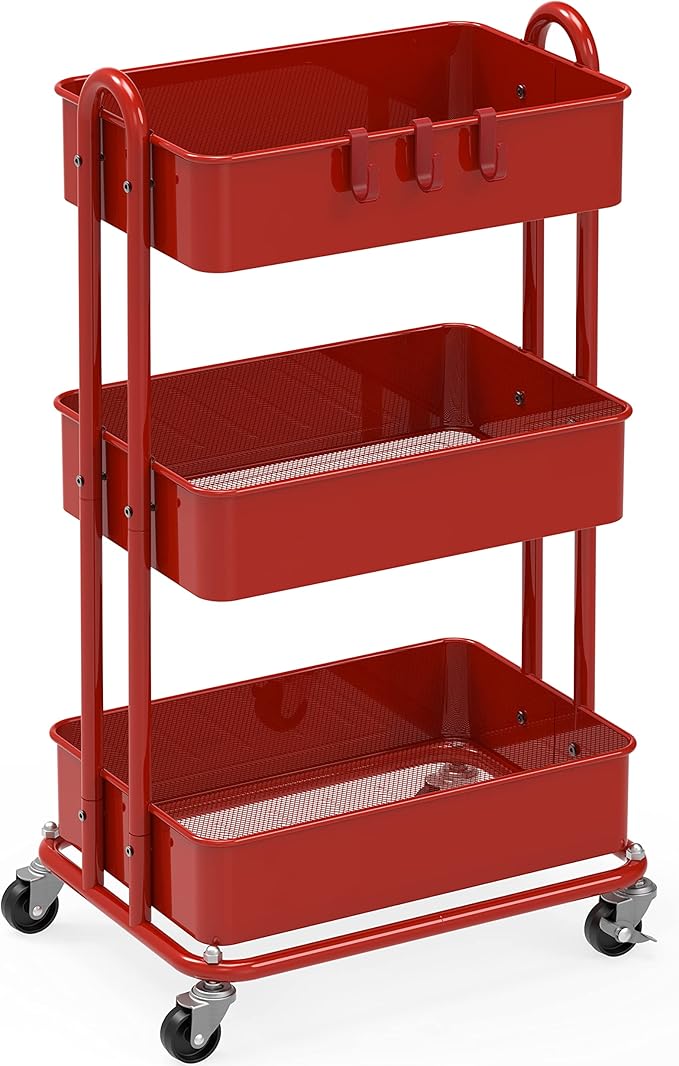 Simple Houseware 3-Tier Heavy Duty Metal Utility Rolling Cart, Red