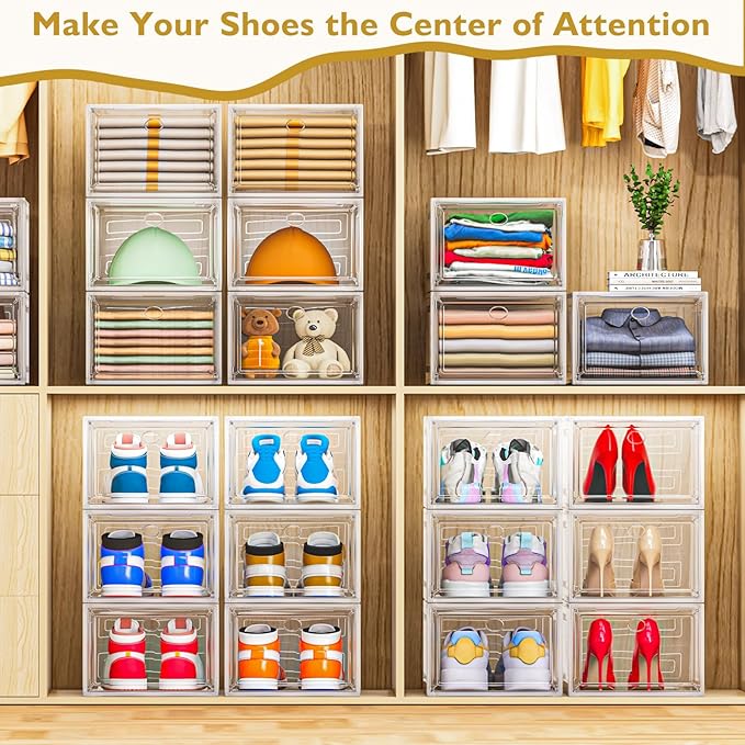 Thicken & Sturdy Clear Shoe Storage Organizer with Magnetic Door, Stackable Boxes for Closet, Foldable Space-Saving Shoe Rack for Sneaker Boot Container, Plastic Shoe Cabinet Shoe Box 6 Pack, White