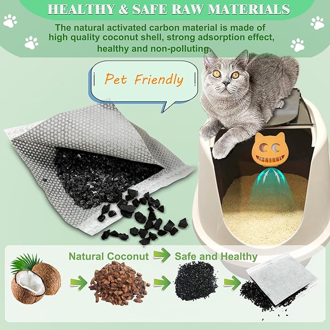 Unscented Cat Litter Box Deodorizer Kit Stick-On Activated Carbon Odor Eliminators Compatible with most manual and automatic litter boxes (4 Refills+ 1 Box) (Orange, Unscented)