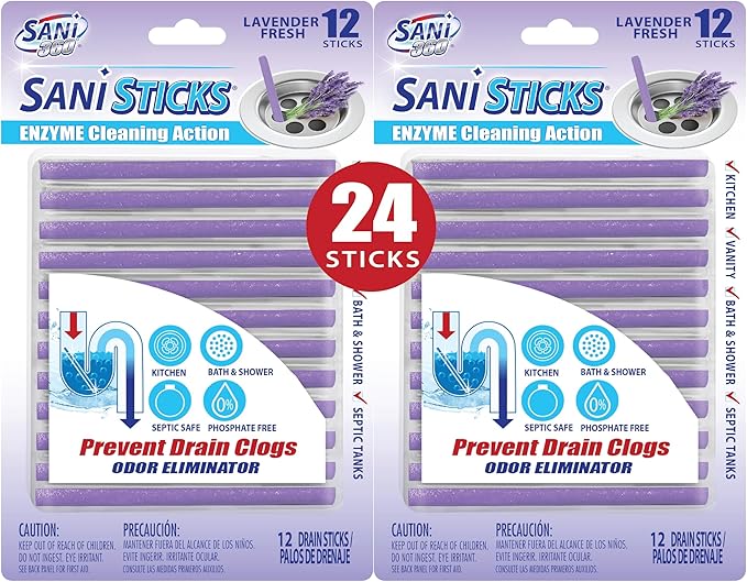SANI 360° Sani Sticks Drain Cleaner and Deodorizer, 24 Count, Lavender Scent Enzyme Pipe Cleaners, Eliminate Odors, Prevent Clogged Drains, Safe for Sinks, Bathtub Drains, Septic Tanks