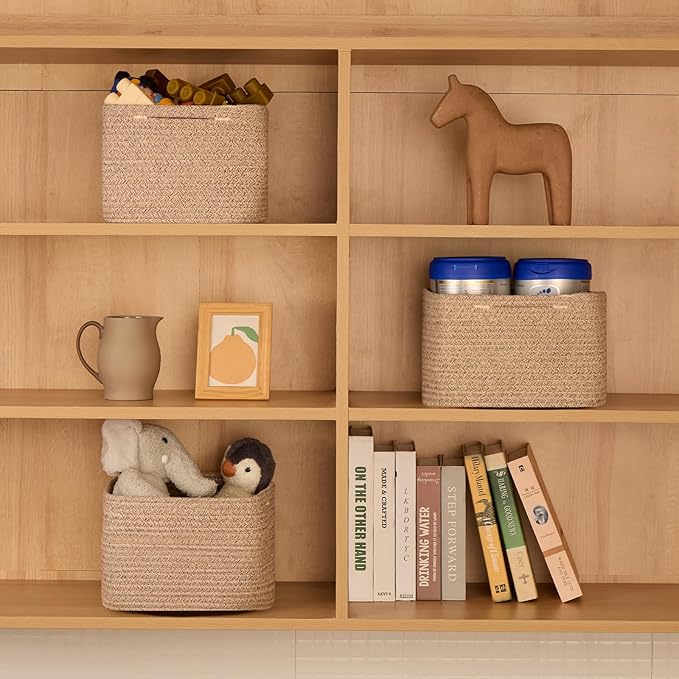 Small Organizing Baskets for Cubes Shelf, 9.7x9.7x7.1 Inch Rope Woven Storage Bins for Nursery Shelves Storage, Cute Toy Basket, Square 3 Packs Mixed Brown