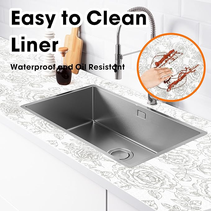 Drawer and Shelf Liners for Kitchen Cabinets Non-Adhesive Cabinet Liners Strong Grip Non Slip Waterproof Contact Paper for Cabinets and Drawers Shelves Cupboard,Flower,12IN X 20FT