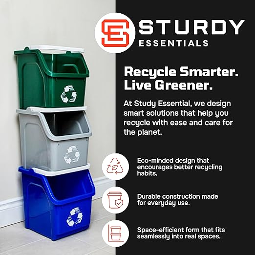 Multi Bin Recycling System with Six Stackable 6 Gallon Recycle Bins to Build Your Recycling Center for Offices, Kitchen, Garages, Businesses (6 Pack, Blue/Green)