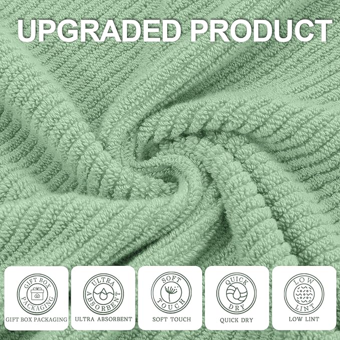 VOOVA & MOVAS Green Bath Towels (4PC, 30"x56") - 100% Cotton | Quick Dry | Light Weight | Thick | Soft | Absorbent - Luxury Shower Towel for Bathroom, Bath Towels Gift Set, Sage Green