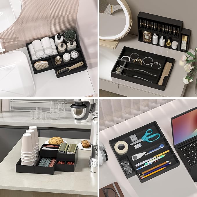 Kitchen Drawer Organizer Bins, Stackable Bamboo Drawer Organizer for Silverware, 2 Pcs Toilet Paper Basket Holder, Wood Bathroom Tray Countertop, Toilet Tank Tray Black 15" x 6" x 2.5"