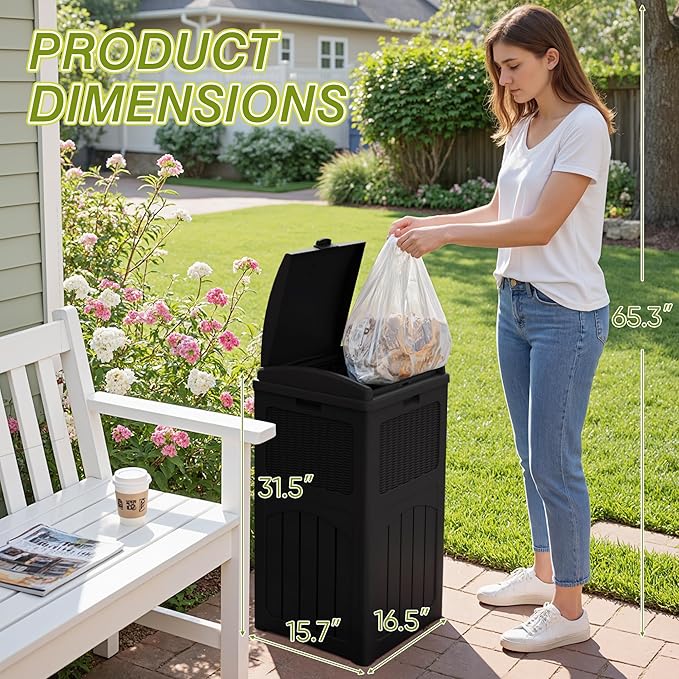 Greesum 33 Gallon Outdoor Trash Can with Lid, Waterproof Resin Garbage Bin for Hideaway, Deck, Patio, Dark Black