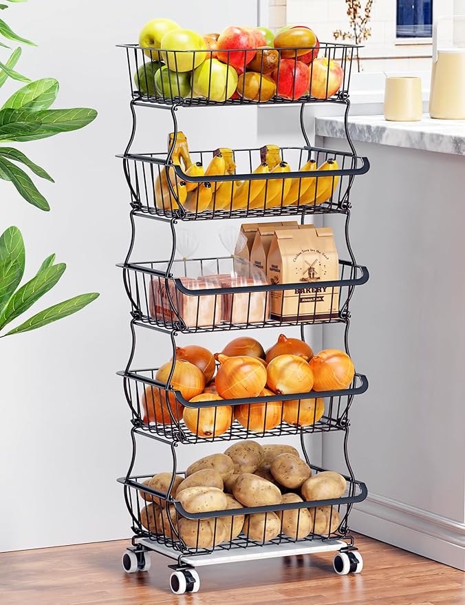 5 Tier Fruit Basket for Kitchen, Stackable Bins Wire Rack with Wheels, Fruit and Vegetable Storage Basket Pantry Food Snack Organizer Shelf, Kitchen Storage Cart for Onion and Potato, Produce