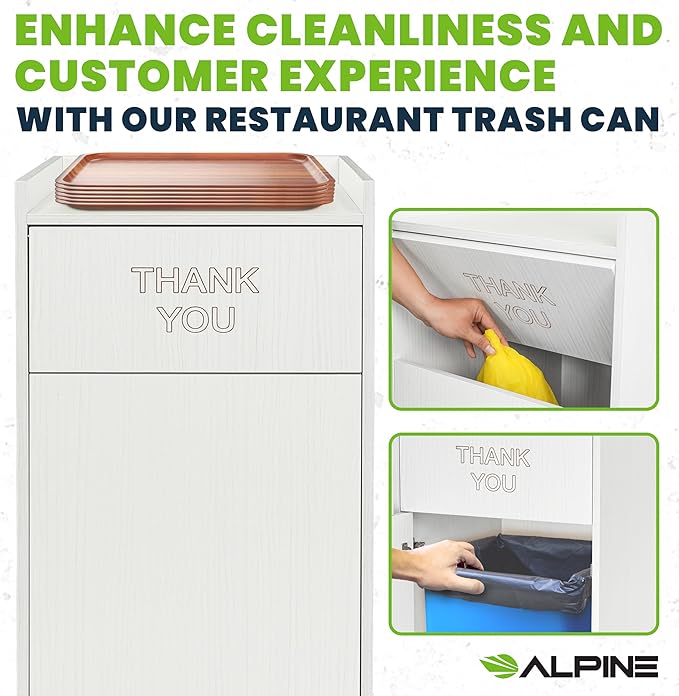 Alpine Restaurant Trash Can Cabinet with Tray Holder - Commercial 40 Gallon Garbage Receptacle Indoor for Restaurants, Cafeterias (White)