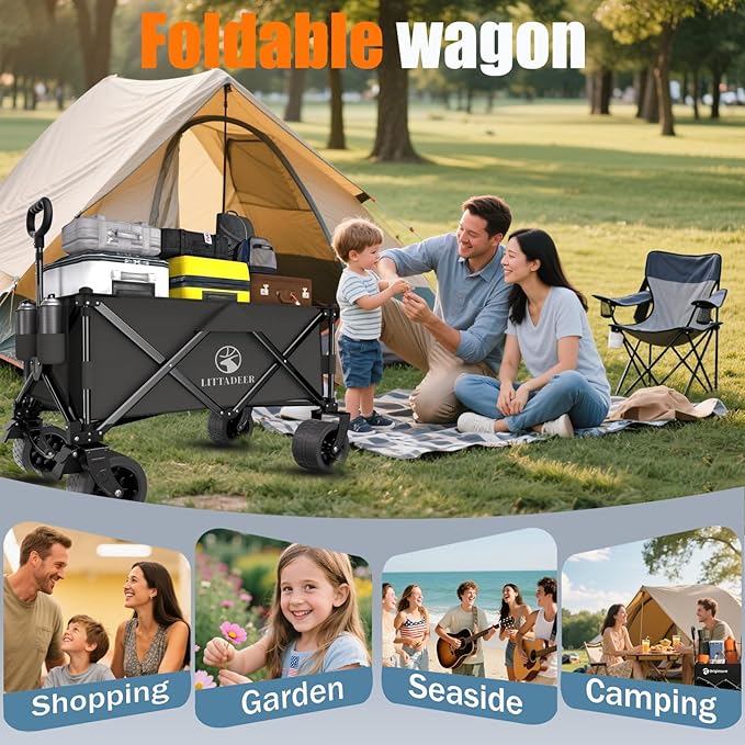 Collapsible Wagon Cart with Silent All-Terrain Wheels, Foldable Heavy Duty Beach Wagon with 330LB,Folding Cart with Cup Holders and Brakes for Camping, Garden,Shopping,Sports Black