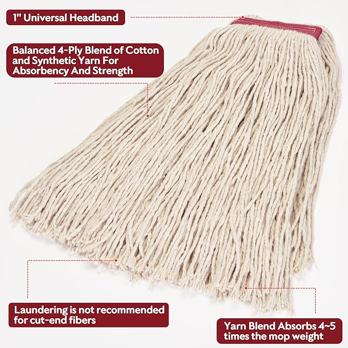 Matthew Cleaning 24oz 3Pack Cotton Floor Mop,Cotton Looped-Open String Heavy Duty String Refills, Universal Headband Blend Material,Mop Head Replacement for Home, Industrial and Commercial Use(White)