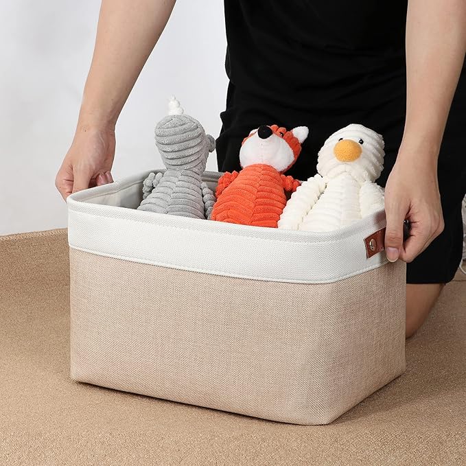 DULLEMELO Fabric Storage Bins, Storage Baskets for Organizing, Collapsible Rectangular Fabric Baskets for Shelves, Empty Gift Baskets (3-Pack Medium-15 inch X 11 inch X 9.5 inch , White&Khaki)