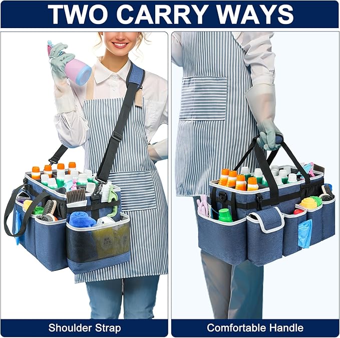 Cleaning Caddy Bag,Extra Large Cleaning Supplies Organizer with Handle for Housekeepers,Blue