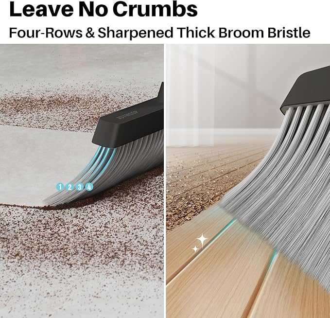 JOYMOOP Black Broom and Dustpan Set, Upright Angle Design with Built-in Comb Teeth for Home, Office, Hardwood Floors, Pet Hair