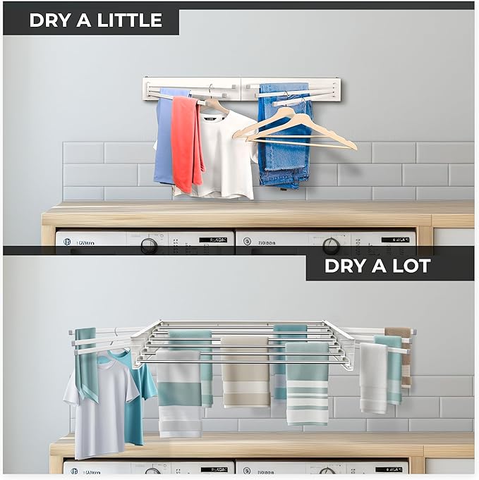 MODERN-X Wall Mounted Clothes Drying Rack with 6 Swivel arms, 35”Wide, 26 Linear ft of Laundry Drying Rack Space, 6 Collapsible Aluminum rods, 2X Drying Capacity, Space Organizer Holds up to 60lbs