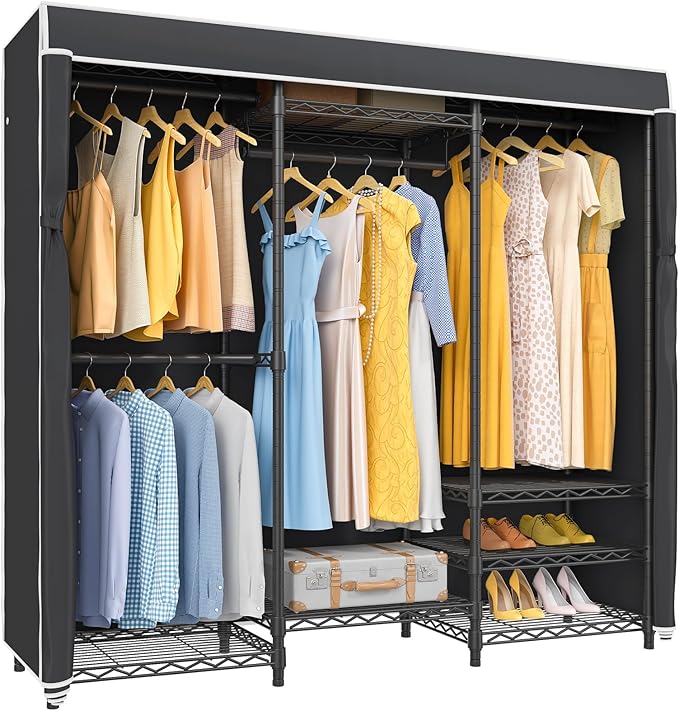 VIPEK V5C Covered Clothes Rack Heavy Duty Portable Closet Wardrobe, Freestanding Black Metal Clothing Rack with Black Dustproof Cover, Adjustable Custom Closet Rack, 57.9"L x 17.3"W x 76.4"H (Medium)
