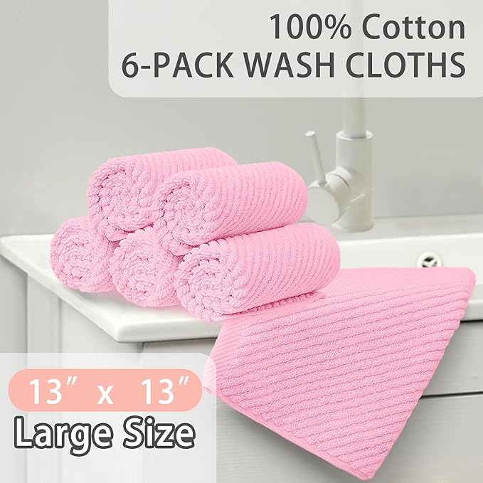 VOOVA & MOVAS Towels for Face, 13"x13" - 100% Cotton | Lightweight | Thick | Quick Dry | Soft | Absorbent, Luxury Hand Towels Set of 6, Fluffy Facial Towels for Bathroom, Towel Gift Set, Baby Pink