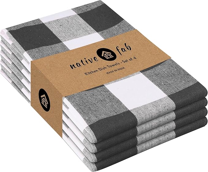 Native Fab 4-Pack Kitchen Towel with Hanging Loop 16x26 inches, Cotton Buffalo Check Kitchen Towels for Cleaning Drying, Washcloths Soft & Absorbent Cloth Rags, Bar Towel, Dish Cloth, Grey
