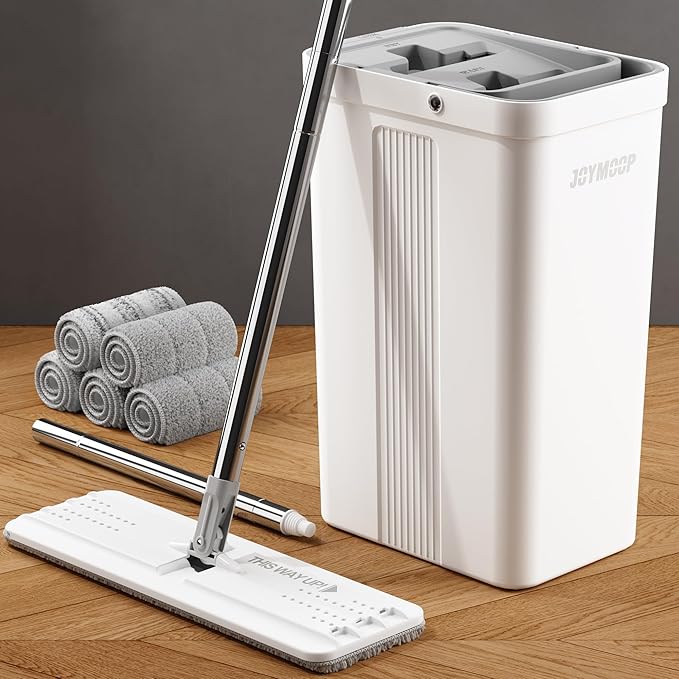 JOYMOOP Mop and Bucket with Wringer Set, White Flat Squeeze Mop Bucket Set for Floor Cleaning, Wet Dry Mops for Walls, Wall Cleaner with Long Handle, Hardwood Floor Mop-5 Microfiber Cloths