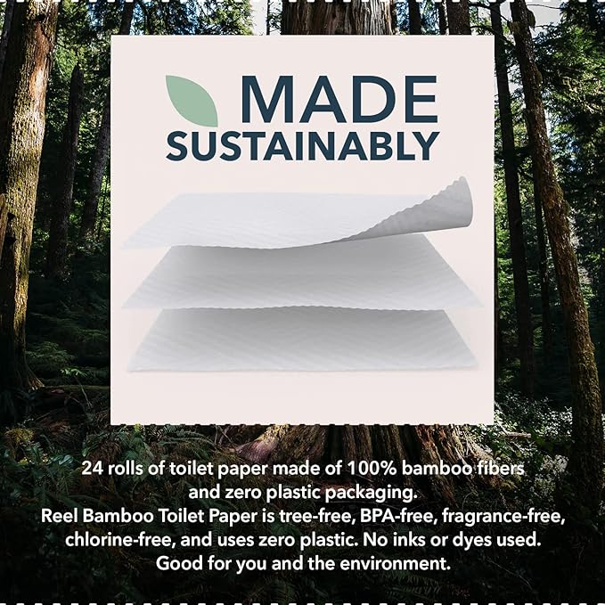 Reel Premium Toilet Paper - 12 Rolls of Toilet Paper - 3-Ply Made from Tree-Free - Zero Plastic Packaging, Septic Safe