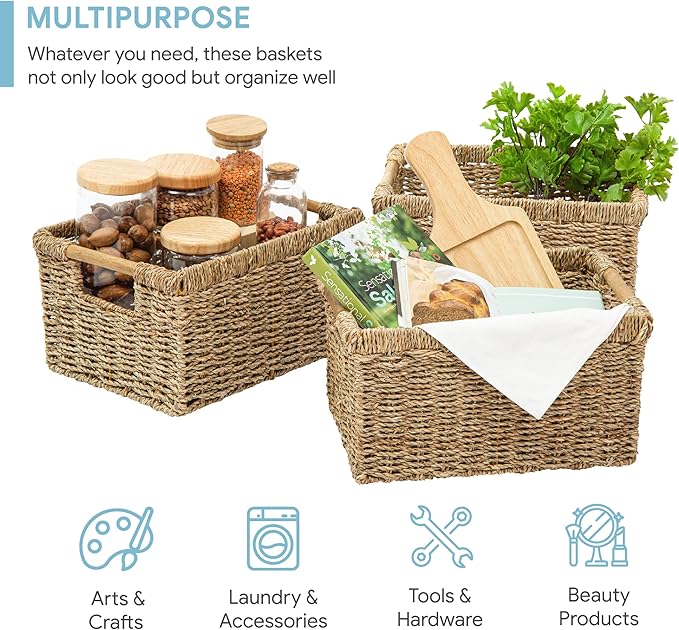 Natural Seagrass Basket with Wooden Handle, Medium Rectuangular Wicker Basket for Living Room 12.2 x 8.9 x 6.7 inches - 3 Pack