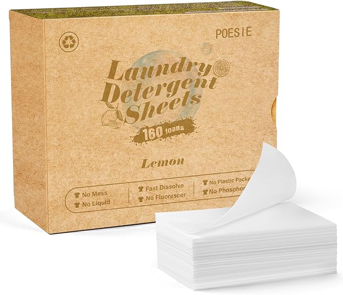 Poesie Laundry Detergent Sheet Lemon Scent 160 Count Non Plastic Travel Laundry Kit No waste Portable Washing Sheets Detergent for Machine Wash & Hand Wash