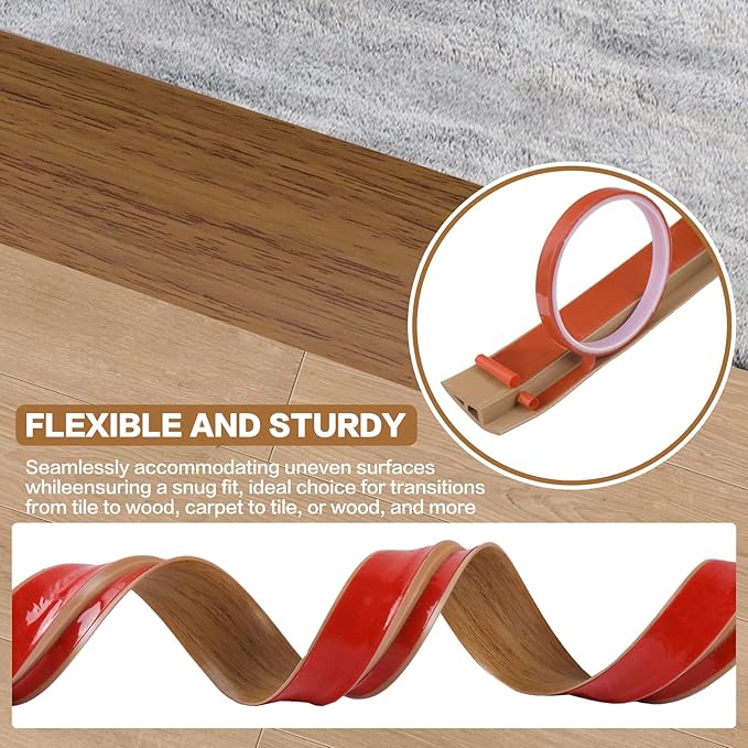 Floor Transition Strip Vinyl Door Threshold Ramp Self Adhesive Carpet Edging Strip Doorway Edge Trim, Overlap Edge Reducer for Laminate Carpet, Floor, Tile (Orange Oak, 1/5" to 2/5", 6.6Ft)
