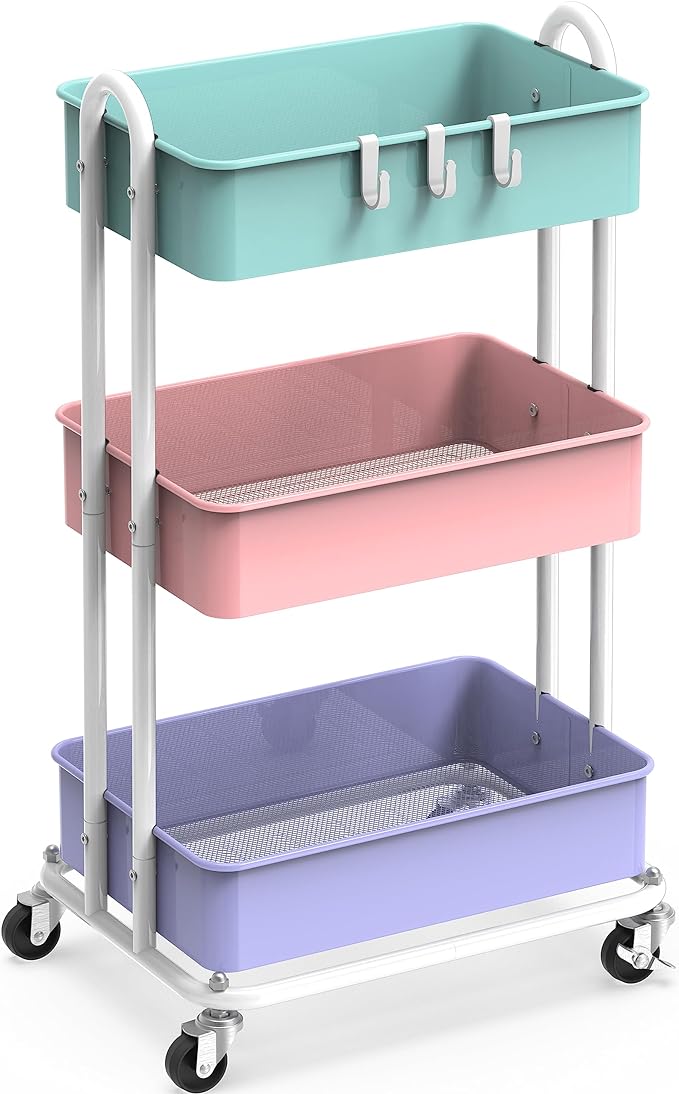 Simple Houseware 3-Tier Heavy Duty Metal Utility Rolling Cart, Multicolor