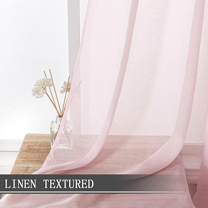 Tollpiz Short Sheer Curtain Linen Textured Bedroom Curtains Sheer Light Filtering Rod Pocket Voile Curtain for Living Room, 54 x 54 inches Long, Pink, Set of 2 Panels
