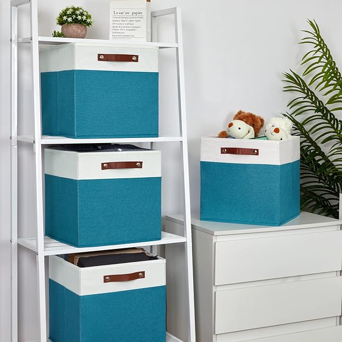 Temary Cube Storage Bins Storage Cube Bins for Home, 4 Pack Fabric Storage Bins for Organization, Storage Cubes 13x13 Cube Baskets with Leather Handles (White&Teal)