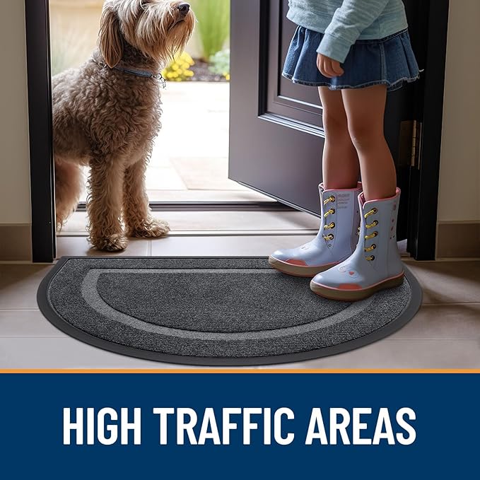 OLANLY Half Circle Door Mat Indoor Outdoor Entrance Welcome, Waterproof All-Season, All-Weather Doormat, Sturdy Natural Rubber, Low Profile, Easy Clean Patio Porch Entryway Mat, 59x35, Grey
