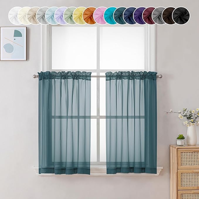 Chyhomenyc Dusty Blue Sheer Curtains 36 inch Length 2 Panels, Light Filtering Voile Short Window Curtians for Bathroom Small Windows, 42Wx36L inches,Stone Blue