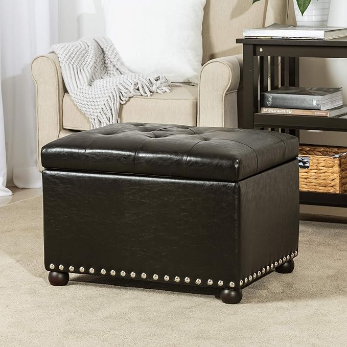 Joveco Leather Storage Ottoman, 24" Rectangle Tufted Foot Rest Stool, for Living Room Bedroom, Midnight Black