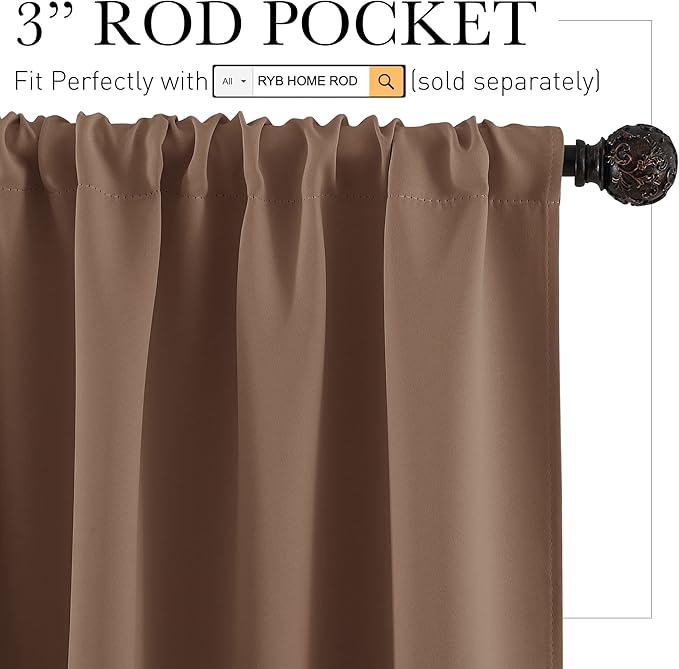 RYB HOME Blackout Curtain Set - Solid Country Curtains Sunlight Glare Block Noise Reduce Drapes for Bedroom Kitchen Cafe Basement RV Cargo Window, 52 x 36 inch Long, Cappuccino, 2 Pcs