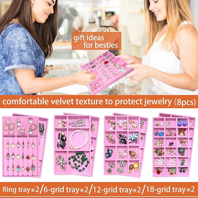 8 Pack Stackable Jewelry Trays Organizer Velvet Earring Organizer Jewelry Tray for Drawers Earring Holder Necklace Bracelet Ring Organizers