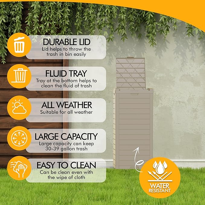 31 Gallon Outdoor Trash Can, Waterproof Resin Trash Can with Layered Lid and Drip Tray, Perfect for Patio, Backyard (Grey)