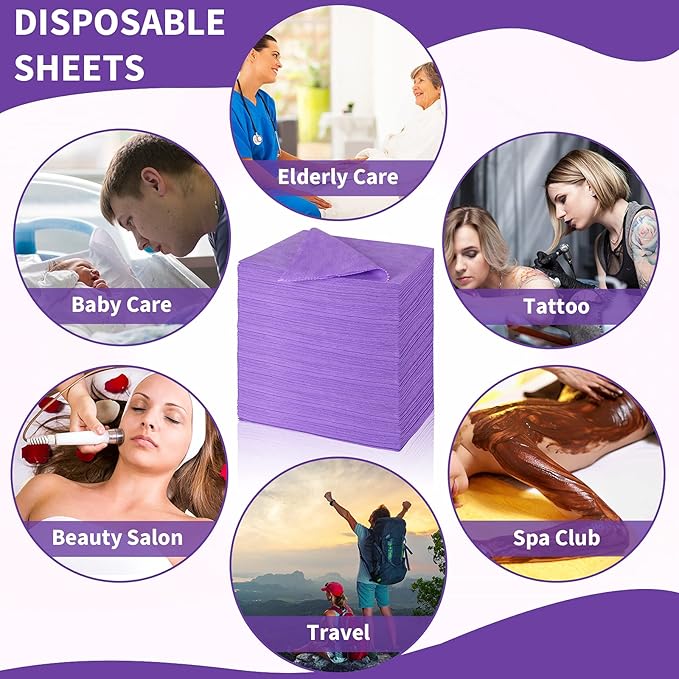 Breling 100 Pcs 31.5 x 71 Inch Disposable Bed Sheets Oil-proof PE Film Massage Table Sheets Non-woven Fabric Spa Waterproof Bed Cover Breathable for Beauty Salon Hotels Tattoo Waxing(Purple)