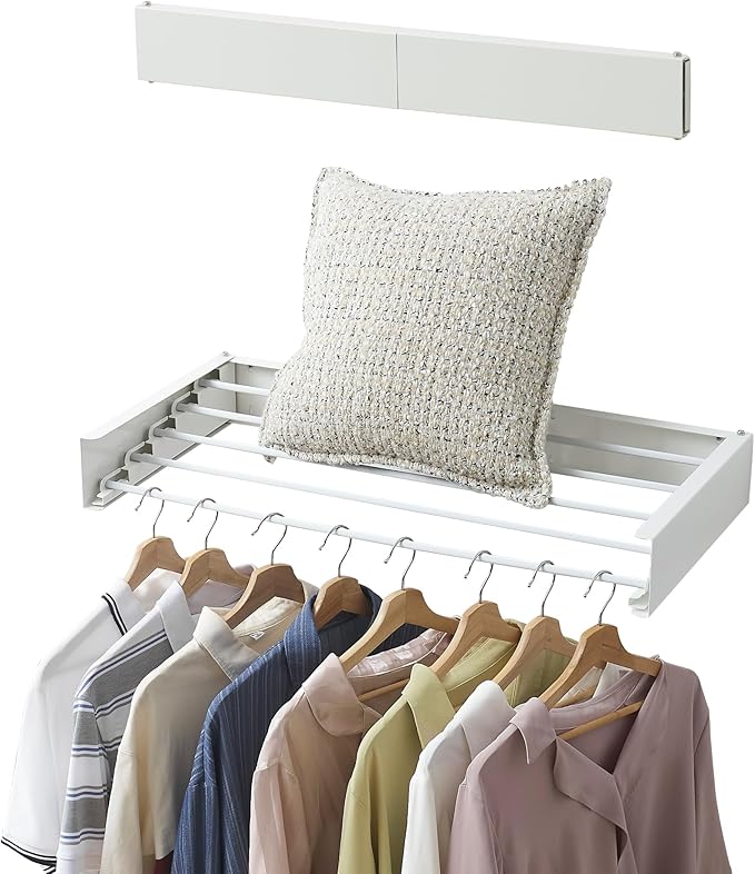 Clothes Drying Rack, Laundry Hanging Rack Collapsible, Wall Mounted Drying Rack for Laundry, Foldable Drying Rack Indoor Outdoor, 31.5" Wide, 5 Aluminum Rods, 60 lb Capacity (White 31.5")