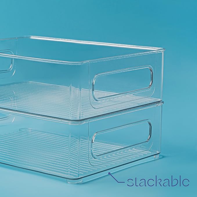 Plastic Food Storage 8 Pack Clear Container Bin with Handles for Organizing Kitchen, Pantry, Refrigerator, Freezer, Pantry, Cabinet, Closet, Bathroom. Stackable 10”x8”x3”